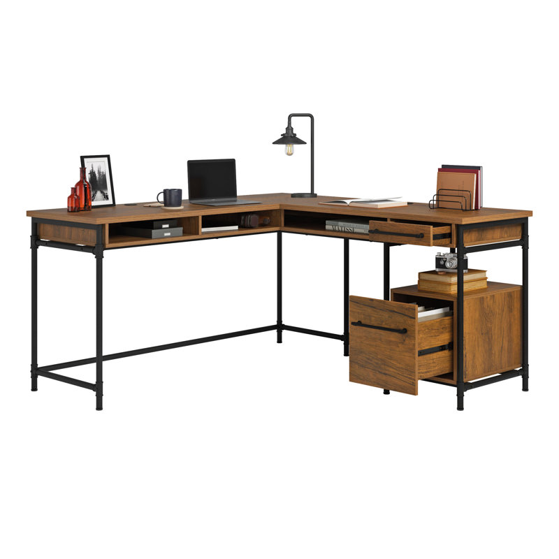 Bureau en L avec bureau épais de 1 pouce, finition brune