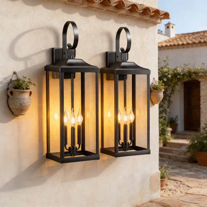 Extra Large Outdoor Wall Light Fixture 3-Light, Black Modern Porch Lantern Wall Sconce, Waterproof Exterior Coach Lamp For House (2-Pack)