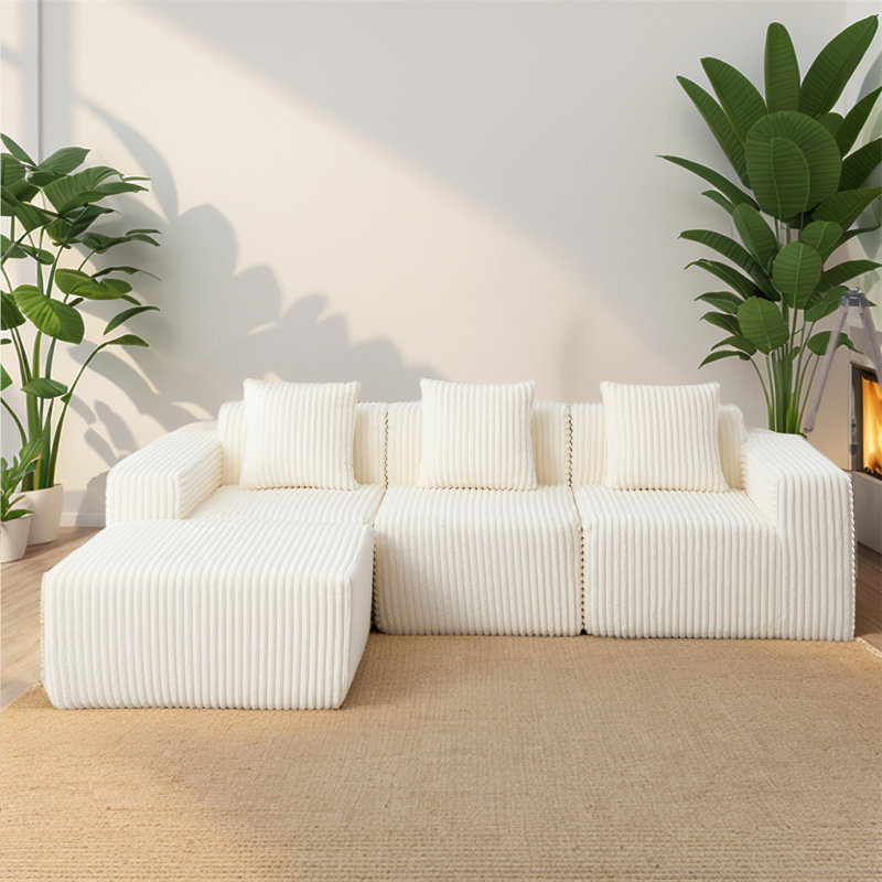 Canapé en L rembourré 100,79 po avec méridienne convertible, Beige