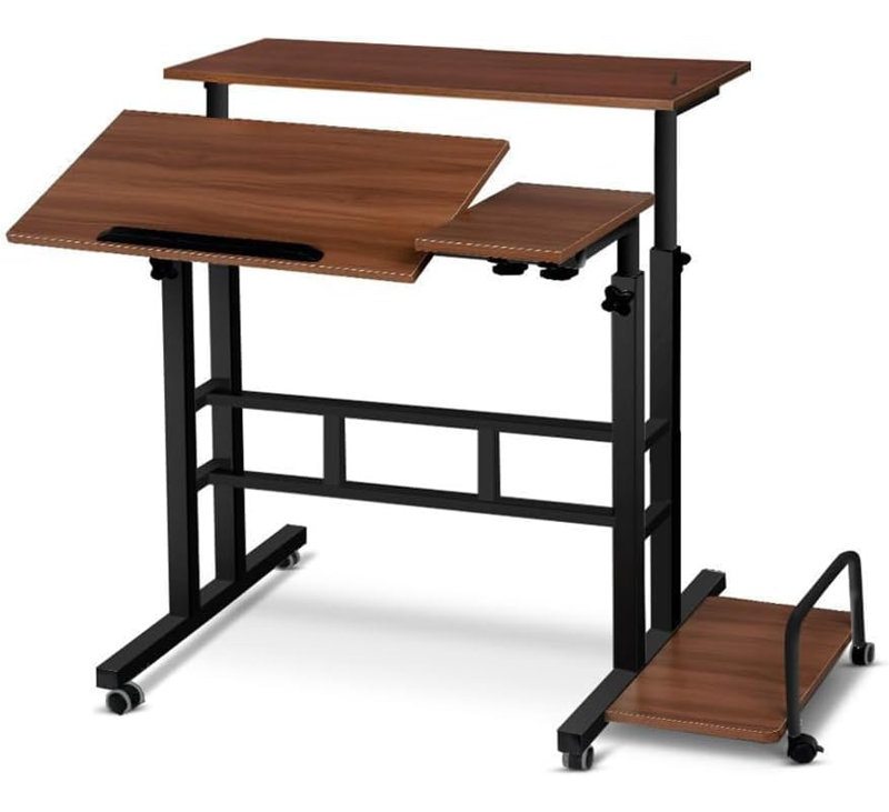 Adjustable Height Standing Desk with Wheels – Portable Ergonomic Rolling Workstation for Home Office or Small Spaces, Large Desktop, Device Organizer, Lockable Casters – Light Walnut