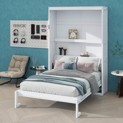 Lit escamotable double pleine grandeur avec tablettes de rangement intégrées