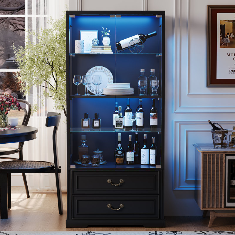 66" H Glass Display Cabinet with 2-Drawers,4-Tier Storage Cabinet With 3 Color Led Lights, Black