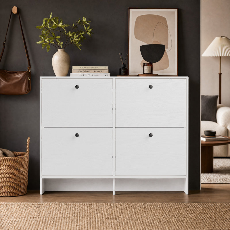 Meuble à chaussures ultramince à 4 tiroirs rabattables – Rangement gain de place pour 24 paires de chaussures dans l'entrée, design moderne imitation bois avec système anti-basculement, montage facile, blanc