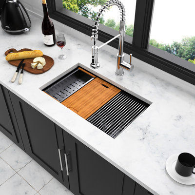 Évier de cuisine noir en acier inoxydable de calibre 16 T304 de calibre 16 pour station de travail Gunmetal, avec égouttoir en X