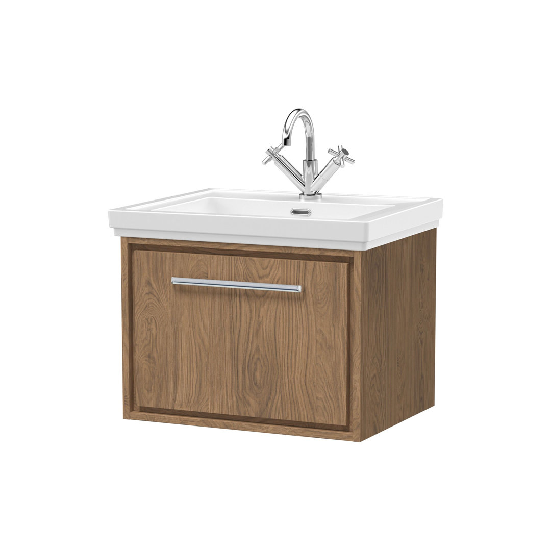 Hudson Reed Lille 600mm Wall Hung Vanity Unit - Single Drawer - Antique Oak - Fireclay Basin - 1 Tap Hole - Image 2
