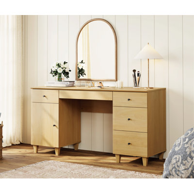58" Wooden Vanity Desk With Drawers And Storage Cabinet, Modern Makeup Dressing Table With Charging Station For Bedroom