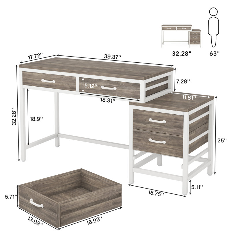 51''W Reversible Desk with Drawers, Light Gray/White