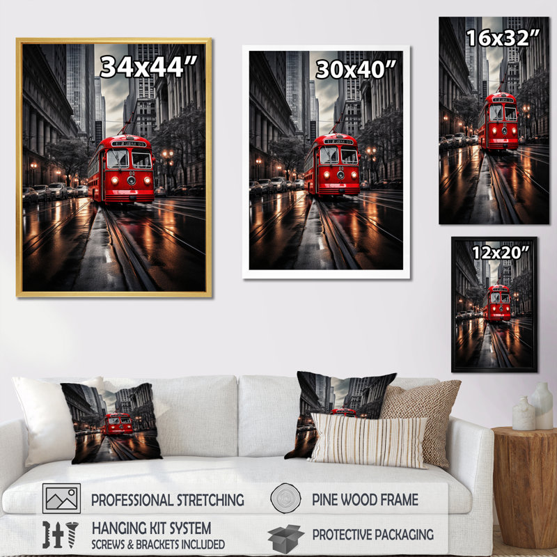City Bus Canvas Wall Art, Red Urban Transportation Print - Red City Bus Rhythm I, 32" H x 16" W, Silver Picture Framed