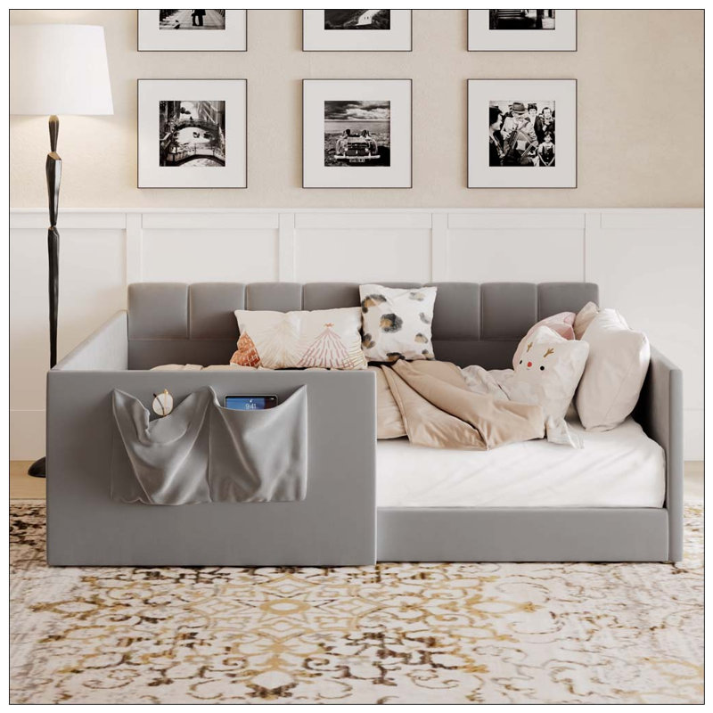 Daybed Velvet Upholstered Sofa Bed with High Side Panels and Side Entrance, Space-Saving Guest Bed with Storage Pockets, Gray