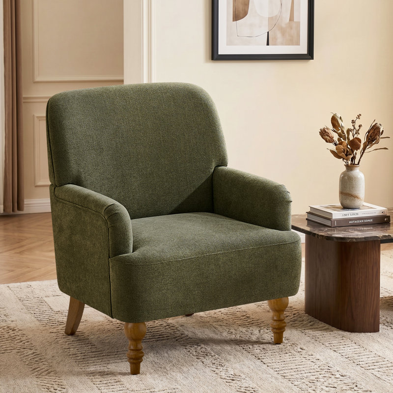 28.7" Upholstered Armchair With Tight Back And Solid Wood Legs, Green