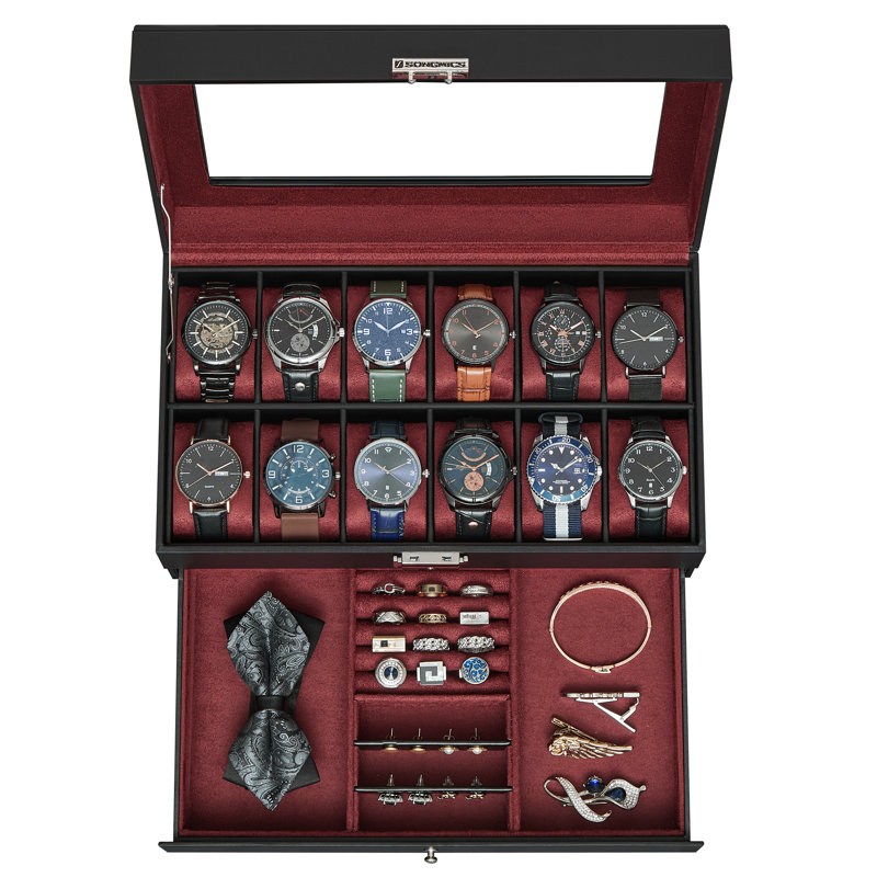 Sury Steel Watch Box +, Black/Wine Red