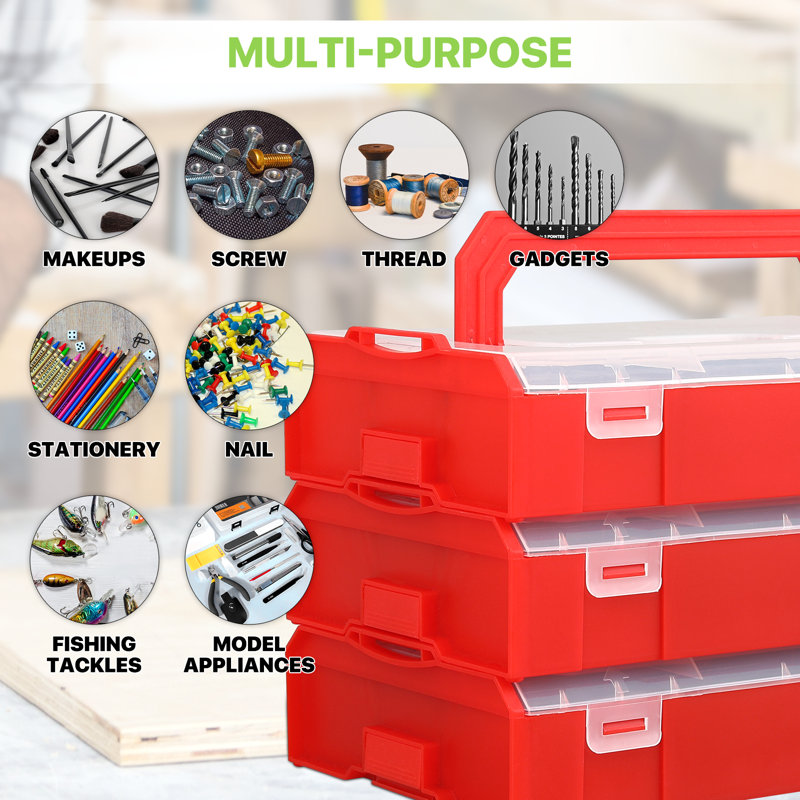 3-In-1 Clear Red Plastic Grid Storage Box Set With 3X9 Adjustable Grids – Tool, Craft, Jewellery Organizer