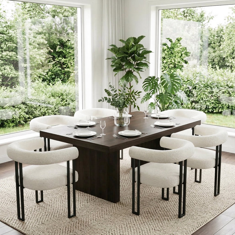 Modern Boucle Upholstered Dining Chairs, Curved Open-Back Armchairs With Black Metal Legs, 6