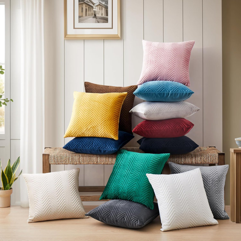 Ultra Soft Embossed Quilted Velvet Throw Cushion Covers for Sofa, Couch, & Bedroom Décor - Hidden Zipper, Machine Washable & Crushed Velvet