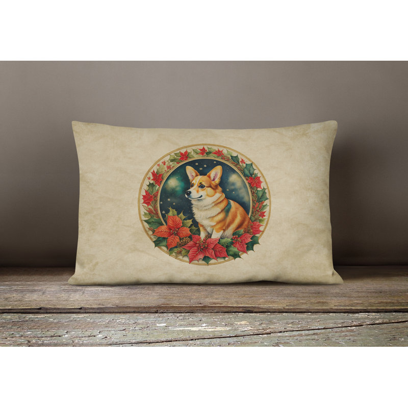 Christmas Flowers Frame Other/No Pattern Polyester Indoor/Outdoor Throw Pillow, 12" x 16", Rectangular, Corgi