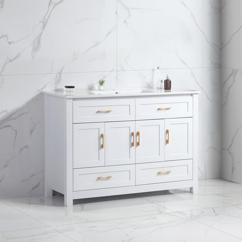 Ensemble de meuble-lavabo blanc 48 po avec lavabo en céramique, armoire de rangement abondante, 4 portes à fermeture douce et 4 tiroirs