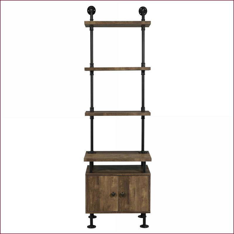 TV Stand Side Pier, Rustic Oak &amp; Black | 3-Tier Shelves + 2-Door Storage | Wood+Metal
