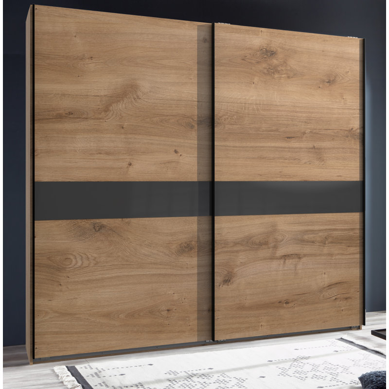 Bakersfield 2 Door Manufactured Wood Wardrobe, Premium Plus, Planked Oak/Glass Grey, 210cm H x 270cm W x 65cm D