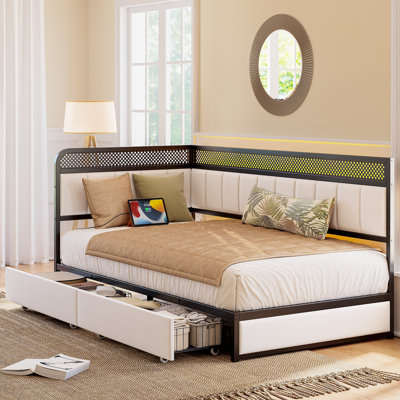 Modern Daybed With Storage & Charging - Corner Design, Led Lights by Ivy Bronx
