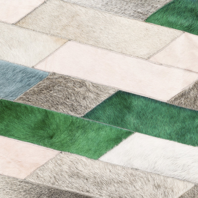 Astila Cowhide Geometric Area Rug in Green, Runner 2'7" x 16'4"