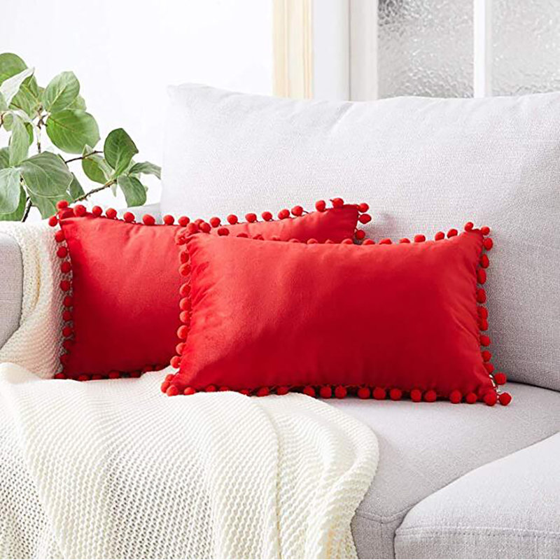  Housse de coussin en velours Pom-Poms, Rouge