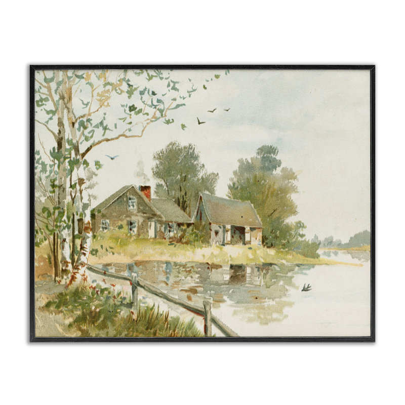 Cabine le long de la rivière, giclée encadrée, design par lettré et doublé, H 11 po x l 14 po, Giclée encadrée noir minuit