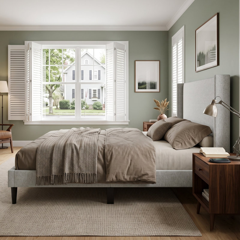 Bangor Queen Upholstered Wingback Platform Bed, Queen, Light Gray