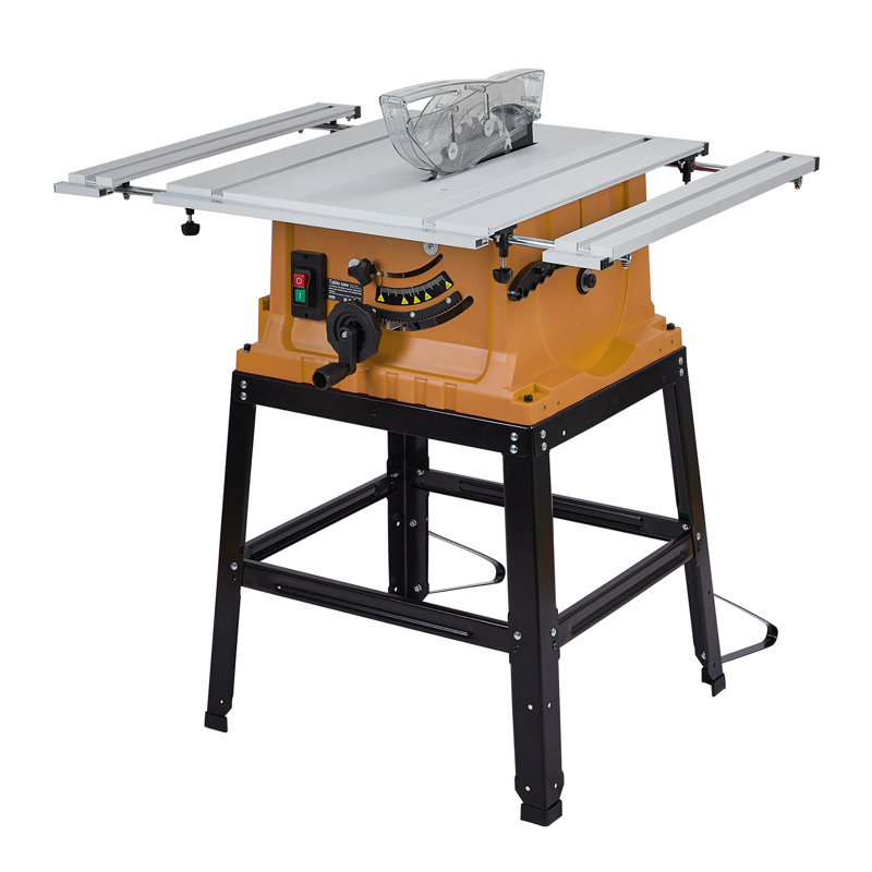 Scie de table 10 po avec support, scie portative de 15 ampères avec 5000 tr / min, coupe transversale à 90 ° et coupe biseautée de 0 à 45 °, hauteur de lame réglable pour le travail du bois