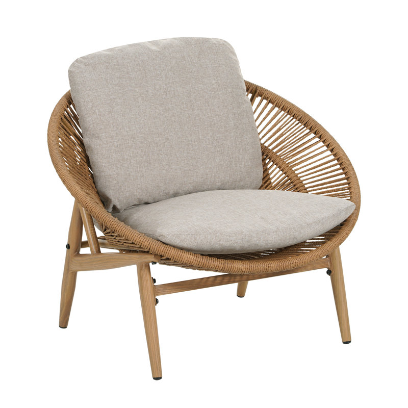 Chaise longue d'extérieur en osier de style Papasan, osier avec coussin, ensemble de 1, Brun clair / naturel