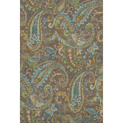 9' X 12' Chocolate Blue And Green Paisley Washable Area Rug With UV Protection
