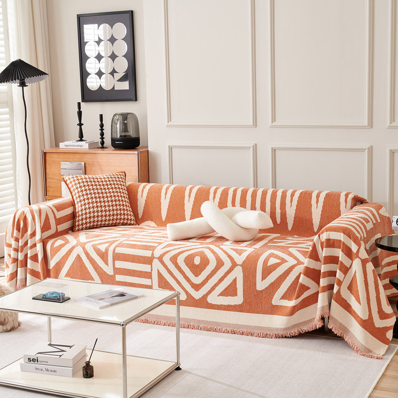 Boho Chenille Multiple Sizes Triangle Plaid Sectional Cushion Slipcover, 71" H x 134" W x 0.1" D, Orange