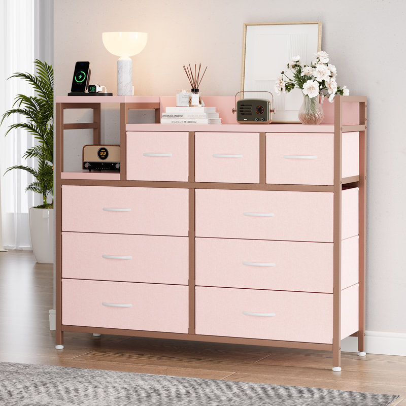 Modern 9-Drawer TV Stand with Charging Station & Power Outlets, Media Console Storage Dresser, Open Shelf Entertainment Center for Living Room, Bedroom