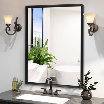 Modern 36X30inch Bathroom Mirror In Glossy Black - Frame, Beautiful Beveled Edge Vanity Metal Frame With Edge, Horizontal & Vertical Use