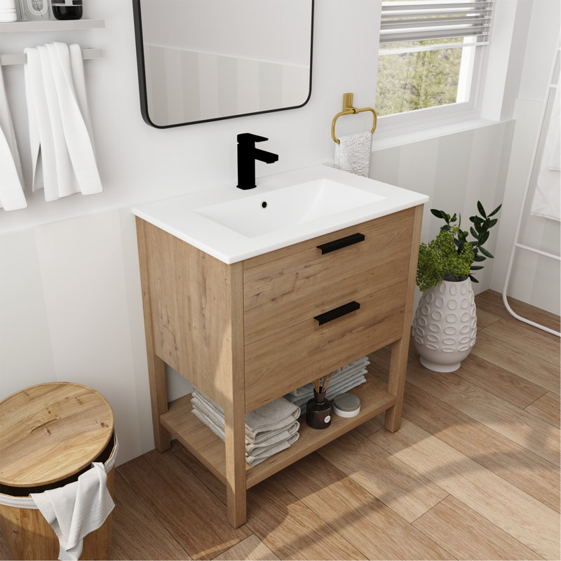 Meuble-lavabo élégant avec tiroirs et mécanisme de fermeture en douceur, idéal pour les salles de bain modernes.