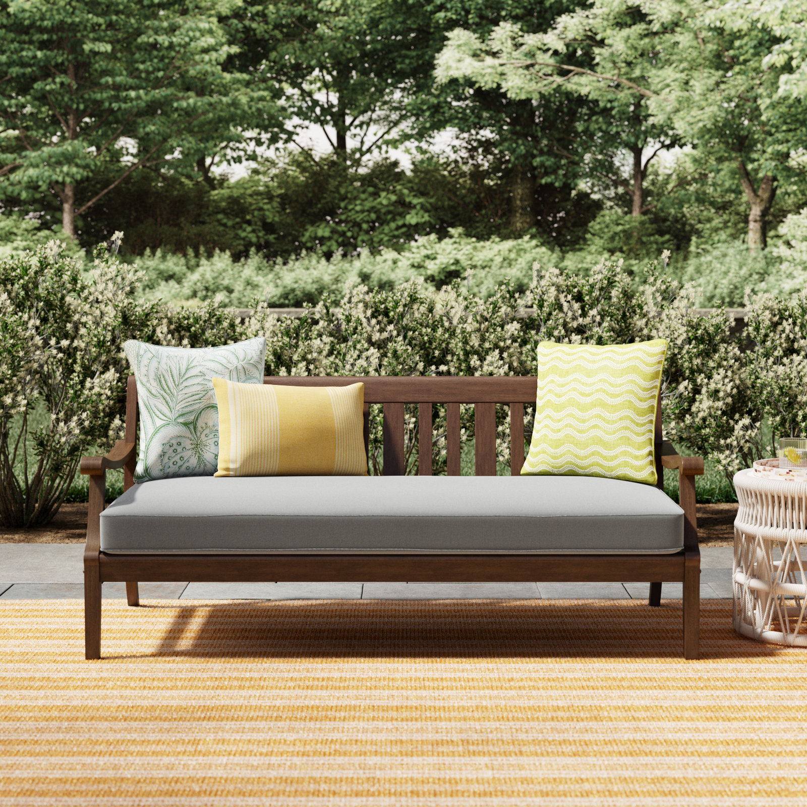 Dowling 69.5'' Wide Mahogany Patio Daybed with Cushions, Oyster Performance Polyester