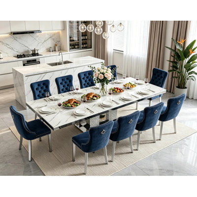 Large Faux Marble Extendable Dining Table Set for 10, 63"-95" Expandable Kitchen Table for 4-10 People w/Mirrored Column Base