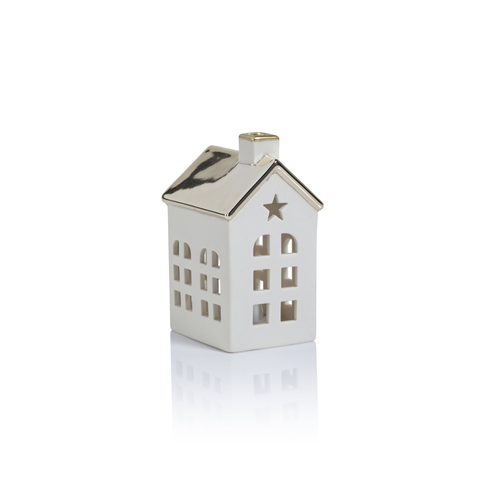 2-Piece Lighted Porcelain Village House Set, 4.25" H x 3" W x 2.5" D, Gold/White