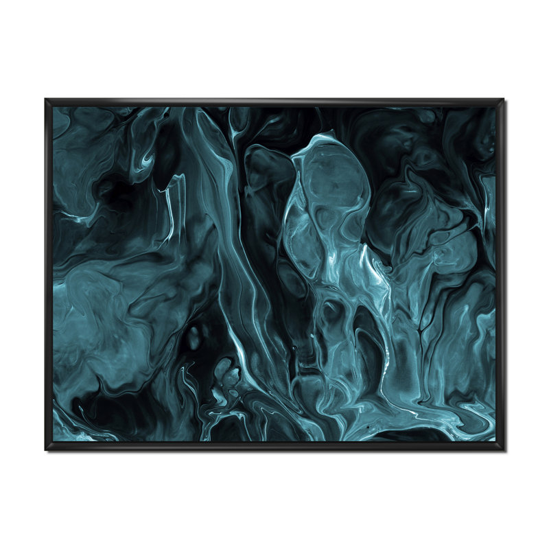 «Turquoise Creative Abstract Dark I», peinture sur toile, H 34 po x l 44 po, Cadre flottant noir