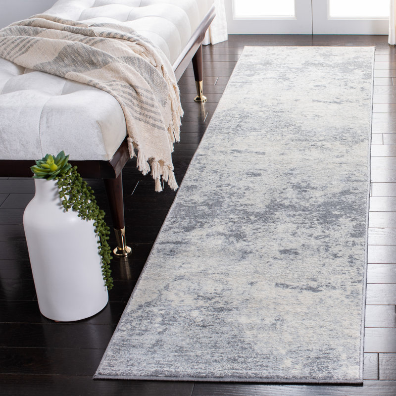 Tapis abstrait gris clair / bleu N'Keal, Tapis de couloir 2 pi x 8 pi, Grey/Ivory