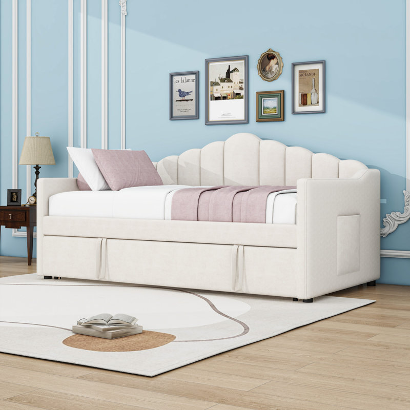Twin Upholstered Daybed with Trundle, Side Pockets and USB, Beige