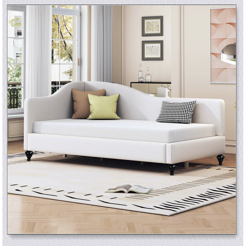 L-Shaped Linen Daybed,With Solid Wood Legs, Beige, Twin