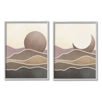 «Neutral Toned Landscape Sun Moon», ensemble de 2 impressions encadrées par Daphne Polselli