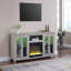 Meuble télé 70 po avec finition gris clair et console avec chaufferette, lumière DEL, armoires, tablettes