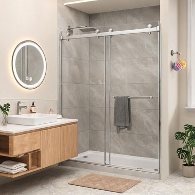 55–60 in. W x 76 in. H Frameless Double Bypass Sliding Shower Door, Brushed Nickel, 5/16 in. Tempered Glass