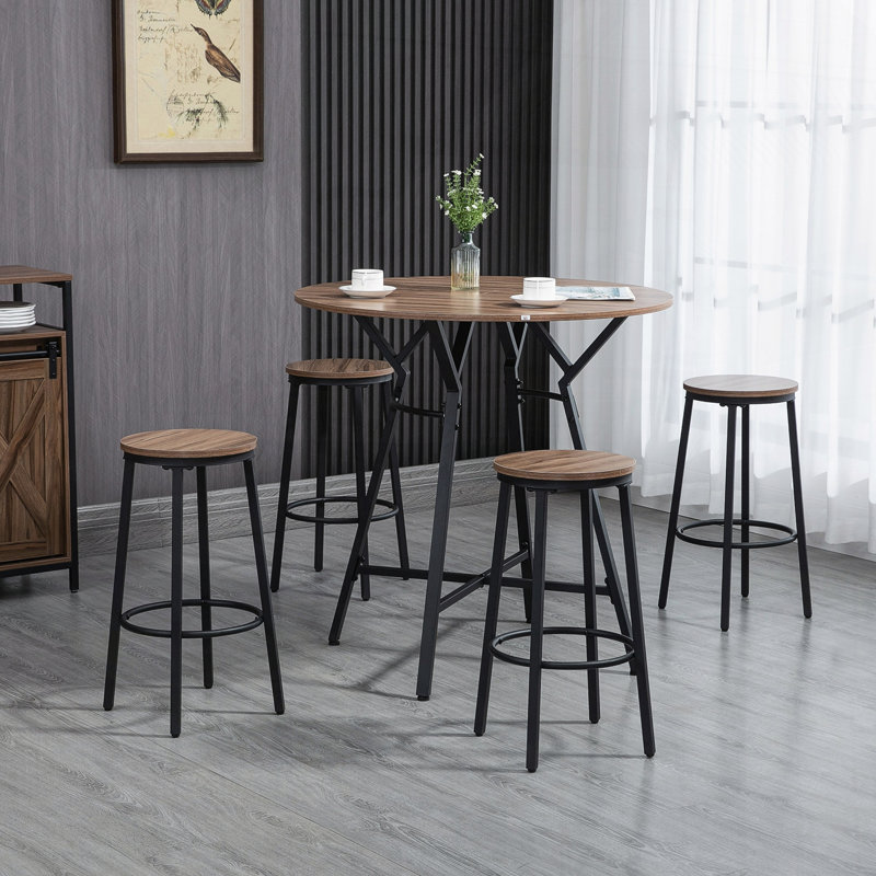 Ensemble 5 pièces de table de bar et chaises de style industriel avec un design peu encombrant, livré avec 4 tabourets de pub et de cuisine en noir et brun