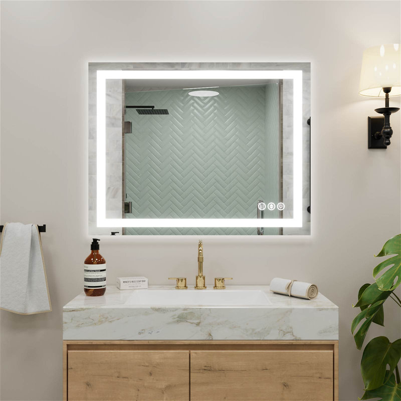 Frameless Wall Mount Bathroom Vanity Mirror With Led Lights, Memory Function, Defog, 28" x 36"