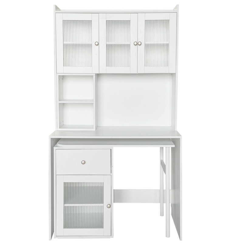 Ensemble de bureau d'ordinateur avec portes en verre Antheris, Blanc