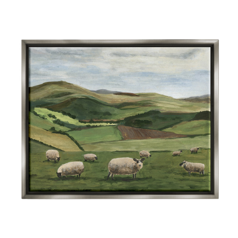 Moutons de campagne en pâture, Cadre flottant gris lustré, H 17 po x l 21 po x P 1,7 po