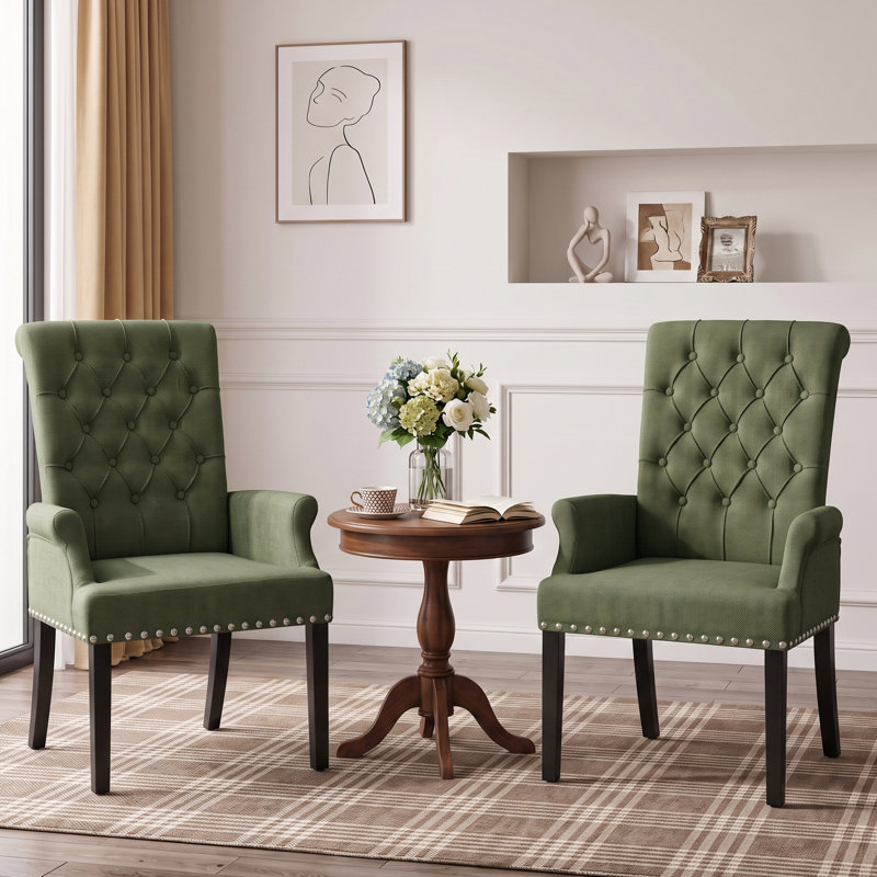 Chaise de salle à manger Amdad capitonnée en tissu avec pieds massifs, Vert, Noir