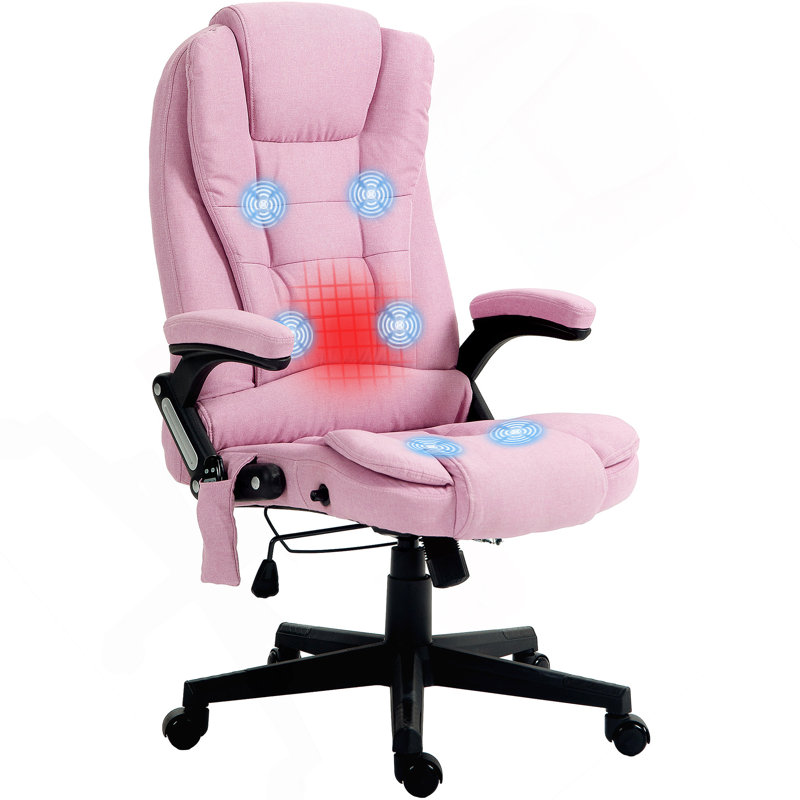 Fauteuil de bureau à 6 points de massage vibrant avec chaleur et dossier haut inclinable en lin avec dossier inclinable, accoudoirs rembourrés et télécommande, rose
